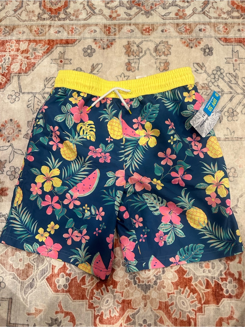 Kids Floral Pineapple Swim Trunks with Yellow Waistband